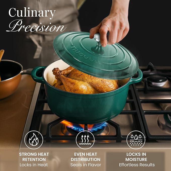 Nuovva Enamelled Cast Iron Dutch Oven Pot with Lid-6.4 Quart Non Stick Casserole Pot-Heavy Duty & Oven Safe up to 500° F for Bread Baking, Braising, Stews, Roasting - 28cm Dark Green