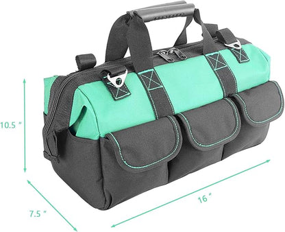 Women Garden Tools Bag 16inch Wide Mouth Tool Bag with Molded Base and Plastic-Padded, Inside Pockets for Tool Storage and Organization,600D polyester fabric (Teal color)