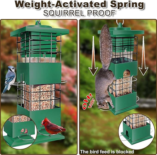Squirrel Proof Bird Feeder, 3LBS Large Capacity Hanging Bird Feeders with Weight-Activated Perches for Outdoors, Metal Anti-Squirrel Wild Birdfeeder for Blue Jay, Cardinal, Outside (Green)
