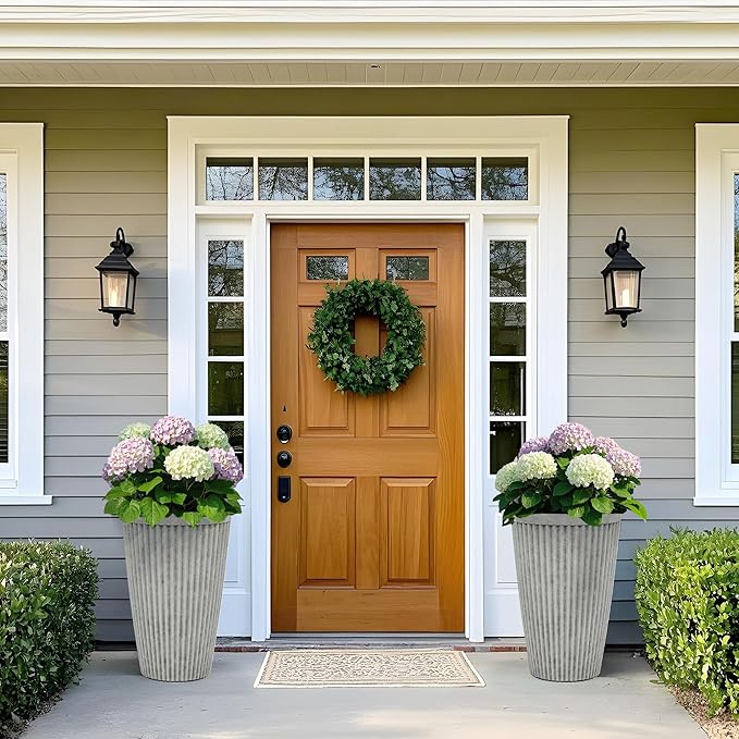 20" Resin Planters for Plants Tall Large Flower Pots Set of 2 Heavy-Duty Garden Pot Handmade Fluted Texture Weather-Resistant for Year Round Indoor Outdoor use, Vintage Gray