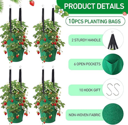 SATINIOR 10 Pack Upside Down Strawberry Planter Set Hanging Vegetables Grow Bags with 10 S Hooks, 3 Gallon Fabric Planting Bags for Easy Vertical Gardening(Deep Green)