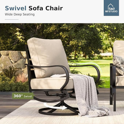 MFSTUDIO 6 Pieces Metal Patio Furniture Sets, 2 Swivel Chairs, 3-Seat Loveseat Sofa, 2 Patio Chairs & 1 Marbling Coffee Table, All Weather 7 Seats Outdoor Conversation Set for Garden Backyard, Beige