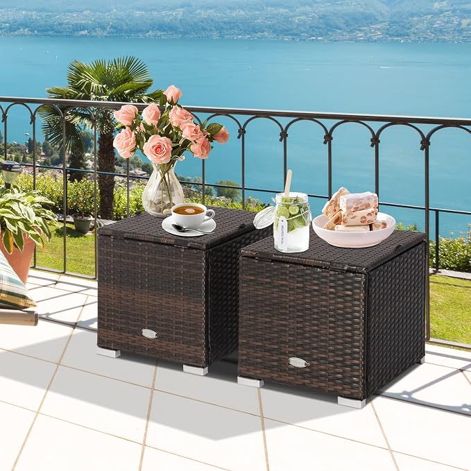 Tangkula 2 Pieces Patio Ottomans, Patiojoy Hand-Woven PE Rattan Side Table with Removable Cushion & Hidden Storage Space, Multifunctional Storage Box, Seat for Patio, Backyard, Poolside (Red)