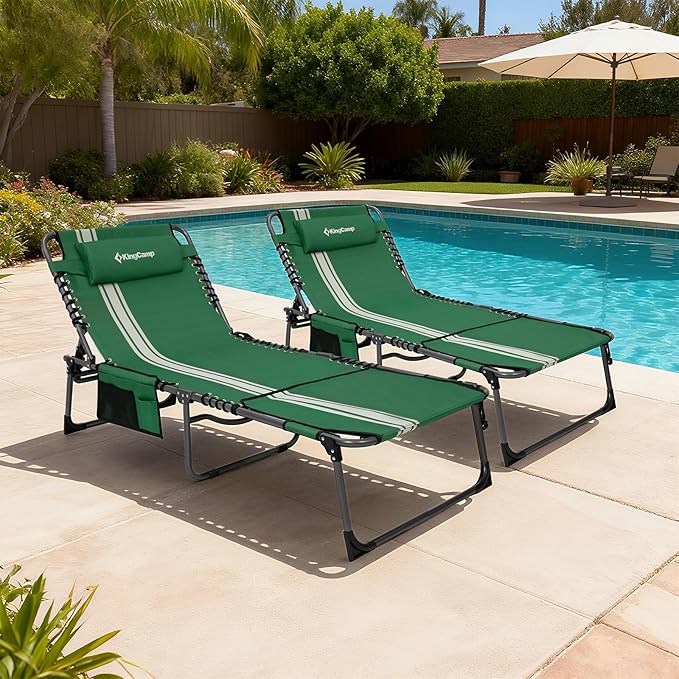 KingCamp 2 Pack Folding Lounge Chair Outdoor, Portable Tanning Chair with Face Hole Comfy Adjustable 5-Position Foldable Chaise Chaser Lounger for Outside Beach Patio Sun Bathing Pool, Green/White
