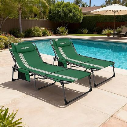 KingCamp 2 Pack Folding Lounge Chair Outdoor, Portable Tanning Chair with Face Hole Comfy Adjustable 5-Position Foldable Chaise Chaser Lounger for Outside Beach Patio Sun Bathing Pool, Green/White