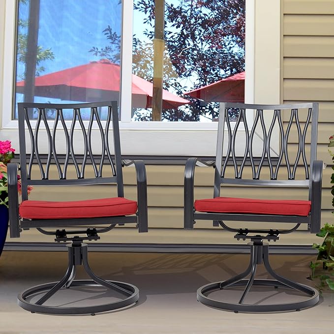NUU GARDEN 3 Piece Outdoor Bistro Set, Iron Swivel Chairs with Red Cushions and 20" Round Bistro Table, Powder-Coated Iron Frame for Patio, Deck, Garden, Backyard, Black