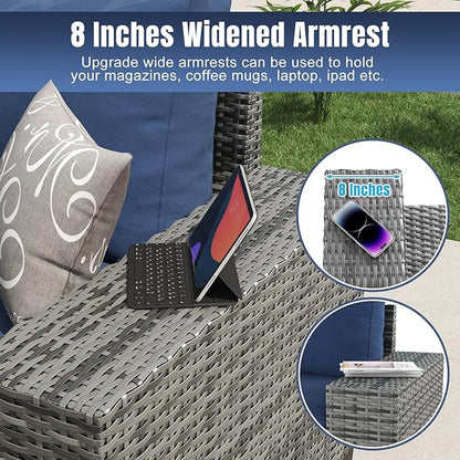 Aoxun 13 Pieces Patio Furniture Set with 44” Fire Pit Table Wicker Rattan Outdoor Sectional Conversation Set with Coffee Table and 4” Thickened Cushions, Gray/Blue(Waterproof Cover Included)
