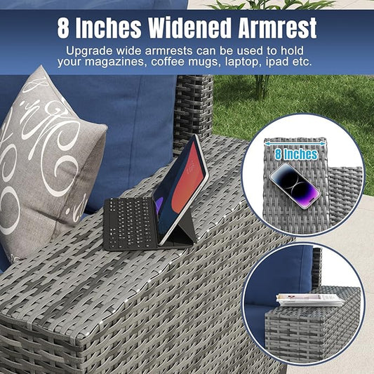 Aoxun 13 Pieces Patio Furniture Set with 44” Fire Pit Table Wicker Rattan Outdoor Sectional Conversation Set with Coffee Table and 4” Thickened Cushions, Gray/Blue(Waterproof Cover Included)