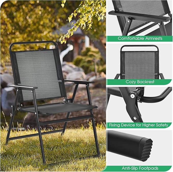 Tangkula Outdoor Folding Chairs Set of 6, Patio Dining Chairs with Breathable Seat & Cozy Armrests, Heavy-Duty Metal Frame, Portable Lawn Chairs for Backyard, Porch, Camping (6, Black)