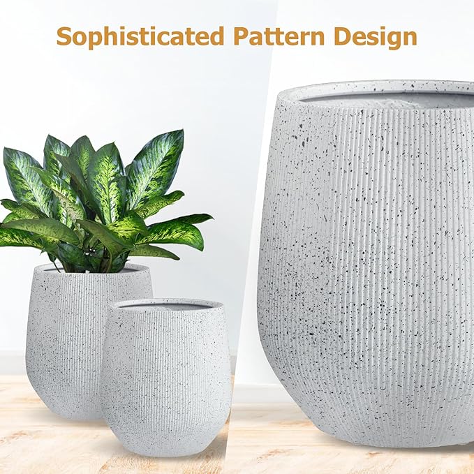 21" H x 19" D Ribbed Corso Fiberstone Round Planter - Christmas Tree Planter, Weather Resistant for Indoor & Outdoor Use, Included 2 Extra Coco Mats (Ribbed Speckled White, 15" Pot Opening)