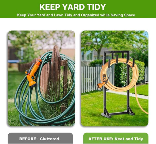 Heavy-Duty Garden Hose Holder with Stable Base and Tool Hooks, Freestanding Metal Hose Hanger Garden Hose Storage Holds 151Ft Hose, Rustproof Water Hose Holder for Outside Yard Lawn, Black