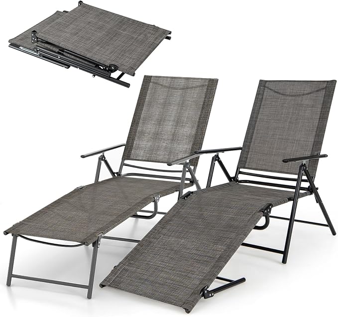 Giantex Lounge Chair Outdoor Set of 2 - Tanning Chair with 6 Adjustable Backrest, 2-Level Footrest, Folding Sunbathing Lounger for Patio, Poolside, Yard, Chaise Lounge Chair, Beach Chair (Brown)