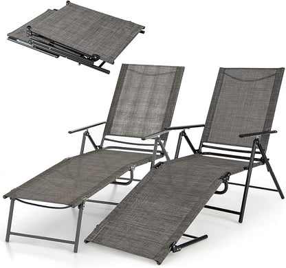 Giantex Lounge Chair Outdoor Set of 2 - Tanning Chair with 6 Adjustable Backrest, 2-Level Footrest, Folding Sunbathing Lounger for Patio, Poolside, Yard, Chaise Lounge Chair, Beach Chair (Brown)
