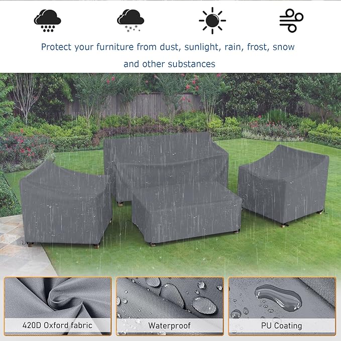 Patio Furniture Covers Set 4 Piece Outdoor Furniture Cover Waterproof, 600D Heavy Duty Lawn Outdoor Patio Furniture Set Covers - Grey Large