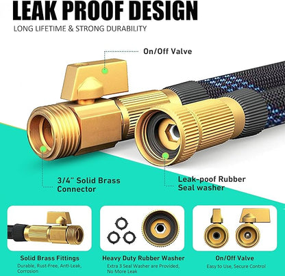 Garden Hose 100 ft, 2025 Upgarded Flexible Water Hose 100ft With 10-Pattern Spray Nozzle, Kink-Free, Lightweight, Durable, Leak-Proof Solid Brass Fittings (Black & Blue)
