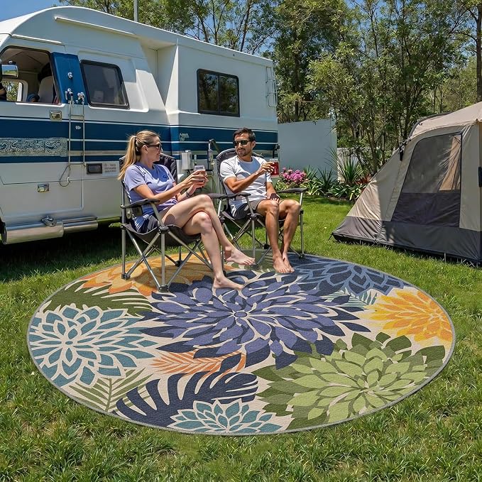 Colorful 6x6 Outdoor Area Rug Washable Multicolored Patio Rug Tropical Botanical Floral Chenille Waterproof Outdoor Carpet for Living Room, Deck, Backyard, Porch, Green