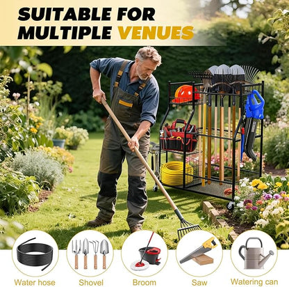 Garden Tool Organizer Rolling Cart Large Capacity Rust-Resistant Metal Tool Cart with Wheels Hooks Garage Shed Yard Outdoor Storage Rack Suitable for Long-Handled Tools/Rakes/Shovels
