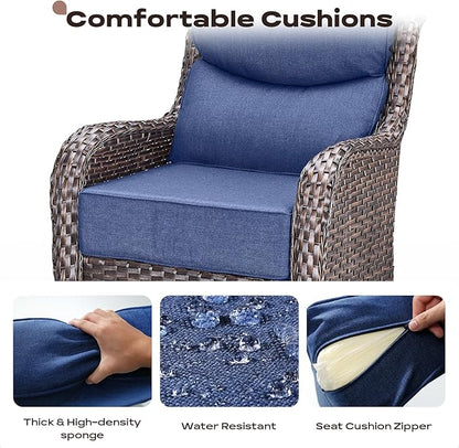 Rilyson Outdoor Patio Swivel Rocker Chairs Set of 2, Waterproof Wicker, High Back, Deep Seating, Wide Armrest, Upgraded 6 inch Thick Cushions, Ideal for Deck Porch Backyard, Brown/Blue