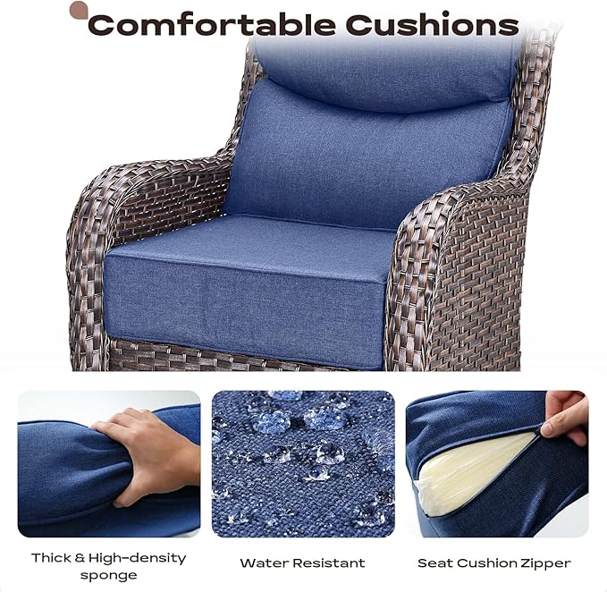 Rilyson 6 Piece Outdoor Patio Swivel Rocker Chairs, Waterproof Wicker, High Back, Deep Seating, Wide Armrest, Upgraded 6 inch Thick Cushions, Side Table, Ideal for Deck Porch Yard, Brown/Blue