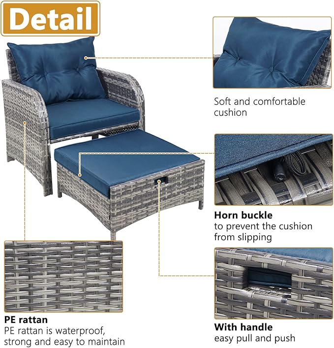 5 Pieces Wicker Outdoor Patio Chairs Set with Ottoman, All Weather PE Rattan Patio Conversation Furniture Set Outdoor Furniture Set with Hidden Ottoman for Poolside Garden Balcony, Blue