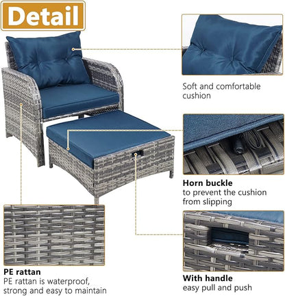 5 Pieces Wicker Outdoor Patio Chairs Set with Ottoman, All Weather PE Rattan Patio Conversation Furniture Set Outdoor Furniture Set with Hidden Ottoman for Poolside Garden Balcony, Blue