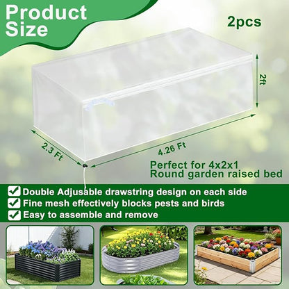 2 Pack Garden Netting for Raised Beds, Fine Mesh Bird Netting Barrier Screen with Zipper Drawstring Garden Bed Plant Cover for Protect Vegetable Fruits Crop from Animals Pest Insect, 4.3×2.3×2Ft