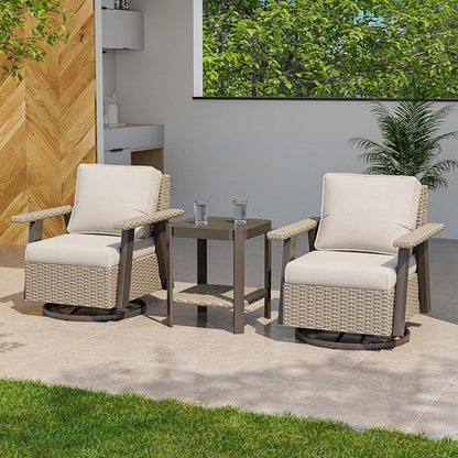 EAGLE PEAK Classic Wicker Patio Bistro Set of 3, Outdoor Patio Furniture with 360° Swivel Rocker Chair and Side Table, Lounge Set for Porch, Deck, or Balcony, Beige/Beige