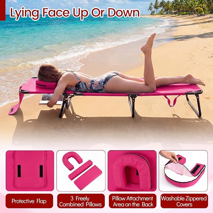 Giantex Folding Beach Tanning Chair - Adjustable Patio Lounge Chair w/Face Hole, Removable Pillows, Carry Strap, Layout Chair, Sunbathing Chaise Lounge Outdoor for Poolside Yard Lawn (2, Pink)