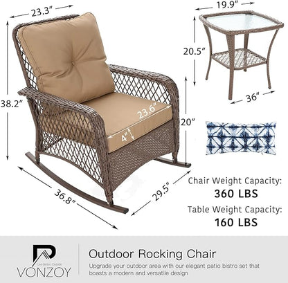 Patio Furniture Set 3 Pieces, Wicker Rocking Bistro Set with Thick Cushions, Outdoor Rocker Chairs and Coffee Table for Porch, Backyard or Garden (Khaki)