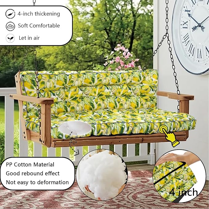 Porch Swing Cushion Three Seat, Waterproof Swing Cushions Replacement with Backrest, Outdoor Garden Furniture Patio 4" Thickened Cushions with Ties (Lime Green, 40 x 63in)