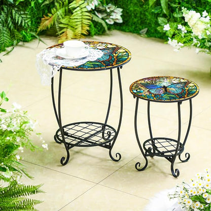 Cinnvoice 2 Pcs Outdoor Side Table Small Patio Round Mosaic Accent End Table Indoor Plant Metal Coffee Tea Tables for Patio Yard Porch Garden Living Room(10" and 14",Butterfly Style)