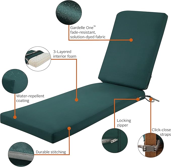 Classic Accessories Ravenna Water-Resistant Patio Chaise Cushion, 80 x 26 x 3 Inch, Mallard Green, Outdoor Seat Cushions