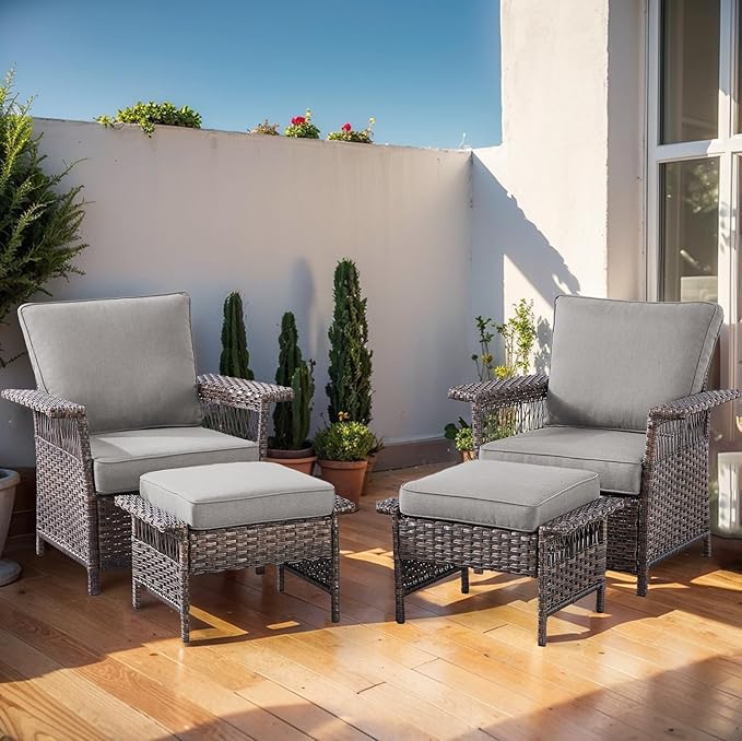 Patio Furniture Set 2 Wicker Patio Chairs with 2 PE Rattan Ottomans Brown Wicker Grey Cushions Patio Conversation Set 4pcs for Garden Balcony Sunroom Backyard Poolside
