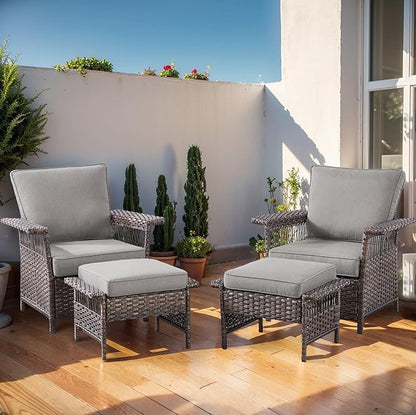 Patio Furniture Set 2 Wicker Patio Chairs with 2 PE Rattan Ottomans Brown Wicker Grey Cushions Patio Conversation Set 4pcs for Garden Balcony Sunroom Backyard Poolside