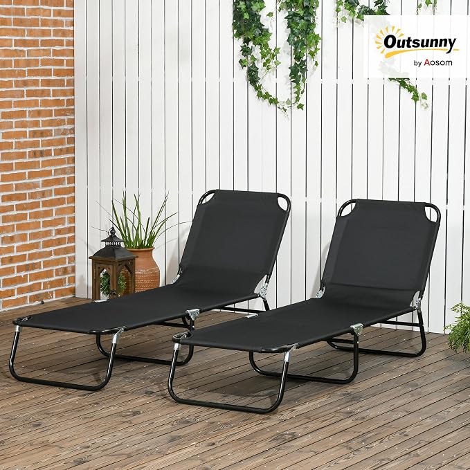 Outsunny 2 Piece Folding Chaise Lounge Pool Chairs, Outdoor Sun Tanning Chairs with 5-Level Reclining Back, Steel Frame for Beach, Yard, Patio, Black