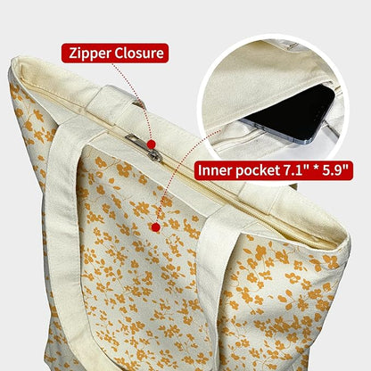 itgowisa Canvas Tote Bag for Women, Tote Bag with Zipper Inner Pocket, Zippered Canvas Bag for Shopping Work Grocery Everyday