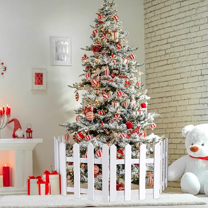 RUODON 4 Pack Thick Christmas Tree Fences White Wooden Picket Fences Tree Fence Border Decoration for Xmas Wedding Party Decor Garden Home, 15.7 x 12 Inches