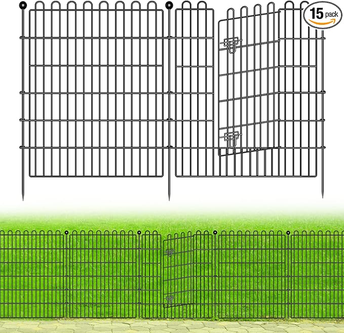 15 Panels No Dig Decorative Garden Fence with Gate for Yard, 32 in(H) X 35.4 ft(L) Animal Barrier Fencing for Outdoor Dog, Metal Portable Garden Fences for Borders, Pets, Landscape, Temporary Fence