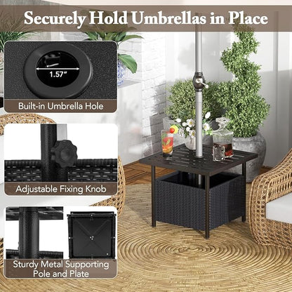 Giantex Outdoor Side Table with Umbrella Hole, 22" Wicker Umbrella Stand Holder and Base, Weather-Resistant PE Rattan Patio End Table for Deck Garden Poolside (Metal Tabletop, Black)