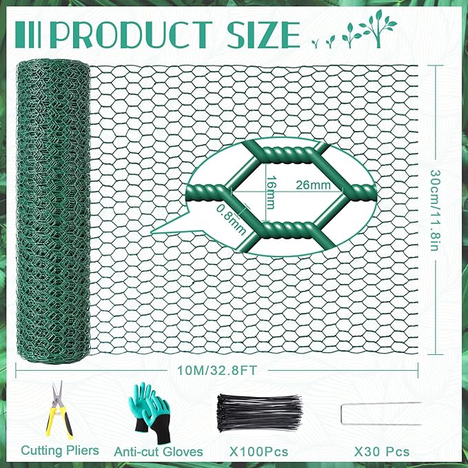 32.8ftx12In Plant Protectors from Animals,Plant Cages for Outdoor Plants,Wire Plant Protector Cage,Wire Plant Protector,Chicken Wire Cloche with Ground Stakes & Nylon Ties Protect Plants from Animals