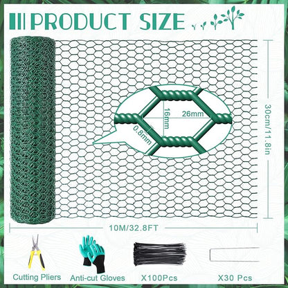 32.8ftx12In Plant Protectors from Animals,Plant Cages for Outdoor Plants,Wire Plant Protector Cage,Wire Plant Protector,Chicken Wire Cloche with Ground Stakes & Nylon Ties Protect Plants from Animals