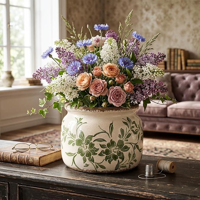 7.7" Large Vintage Ceramic Plant Pot Beige Green Farmhouse Peony Crackle Glaze Rustic Flowers Planter Pot with Drainage for Indoor Outdoor Plants Kitchen Office Shelf Home Decor Gift