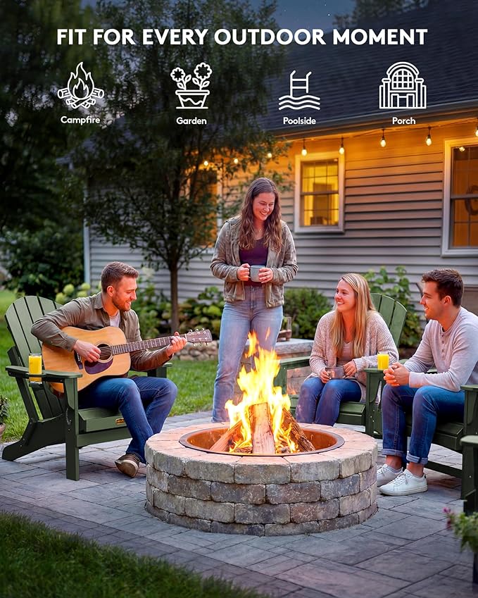SERWALL Folding Adirondack Chair for Patio Garden, All-Weather Outdoors Chairs with Cup Holder, Wooden Textured Fire Pit Chairs for Poolside, Backyard, Lawn - Army
