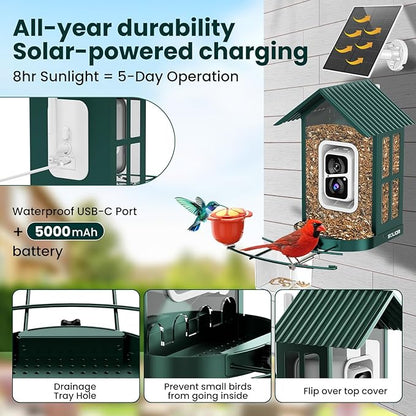 SOLIOM Solar Bird Feeder with Camera for Outdoors - Durable Metal AI Smart Birdhouse, 2K Live View & Instant Alerts, Squirrel Proof - Ideal Bird Watching Gift (Green)