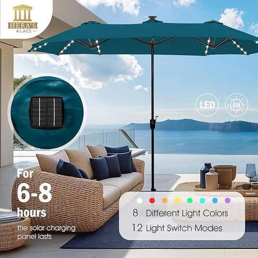 HERA'S PALACE 13ft Patio Umbrella with 120 LED Solar Lights Double Sided Outdoor Umbrella for Patio 8 Colors Changing Table Umbrella Outdoor Patio for Garden Pool