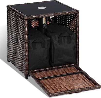 SUNNYPARK Outdoor Umbrella Side Table with 2 Weight Bags, 2-in-1 Patio Table with Umbrella Hole, All-Weather Handwoven PE Rattan Umbrella Base Stand for Deck Yard Garden Balcony Poolside