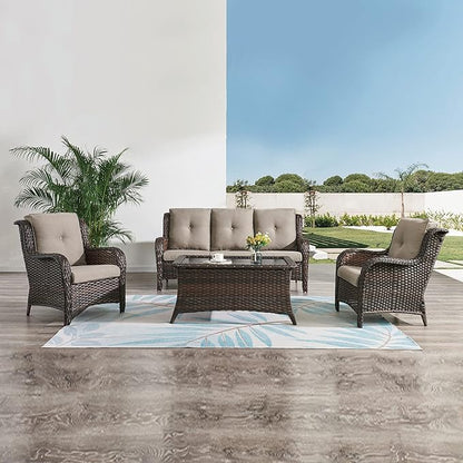 HUMMUH Outdoor Furniture 4 Pieces Patio Furniture Set Wicker Outdoor Sectional Sofa with 2 Patio Chairs,Coffee Table(Grey/Blue)