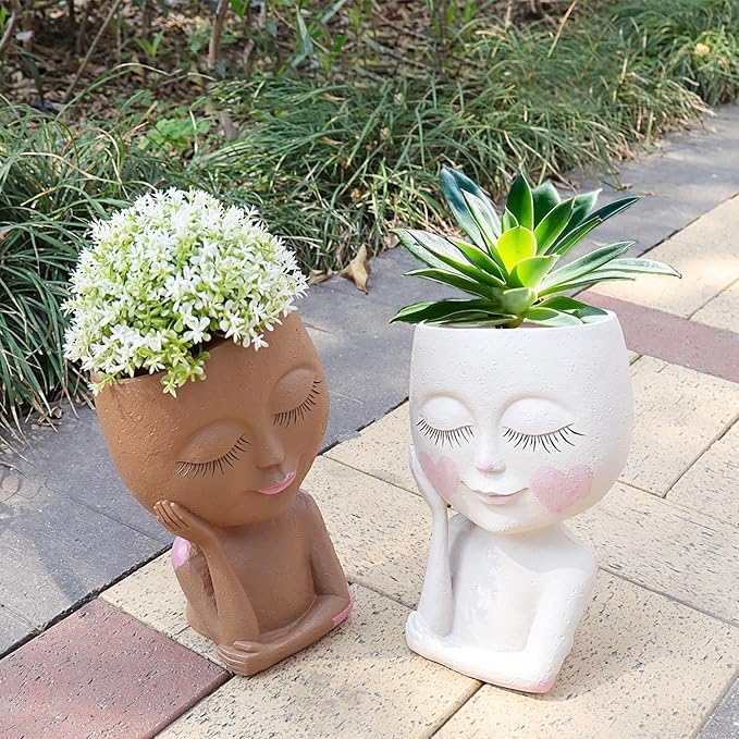 Cute Girl Face Plant Pot Resin Succulent Flower Pot Head Planter Pot for Home Decor Large Plant Holder with Drainage Hole for Indoor and Outdoor