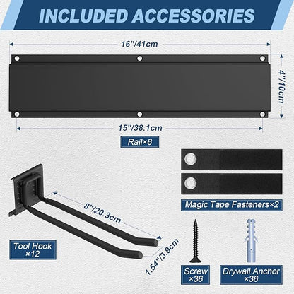 Housolution Heavy Duty Garage Wall Organizer 96 Inch - 20Pack Carries 720 lbs, Garage Tool Storage System, 6 Rails with 12 Adjustable Metal Hooks, Garden Yard Shed Rack for Rake Broom Mop Snowboard