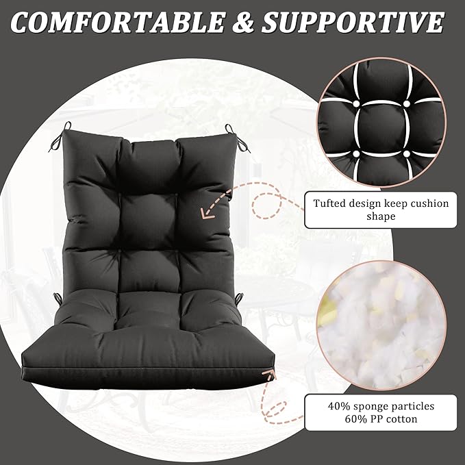 Patio Seat&Back Chair Cushions for Outdoor Furniture，Comfortable Cushions for Rocking/Dining/Lawn Chair-Set of 4 (Black, 4pcs (1package))